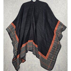 Reversible Acrylic Poncho Shawl With Plaid & Solid Pattern In Black & Orange